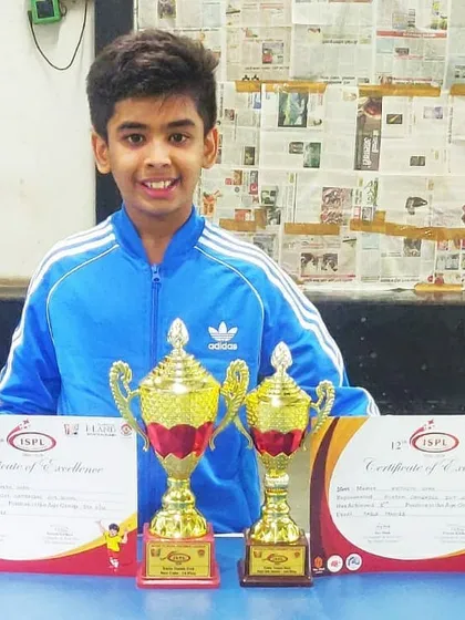 Kathit Shah with his trophies after winning the U-12 title and finishing runner-up in another category at the 12th Interschool Premier League.