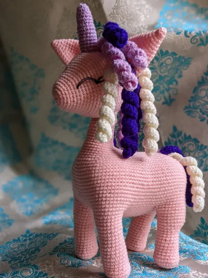 Another shot of the beautiful pink and purple crochet unicorn.