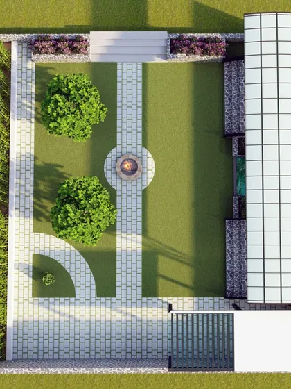 An aerial view of the 3D design, showing the complete layout including a lawn, fire pit, pathways, and a covered seating area with a pool.