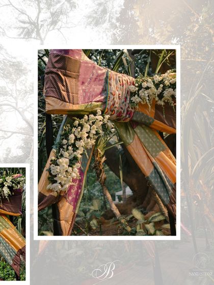 Another view of the grand brocade bow entrance, showing how it creates a dramatic and festive welcome for guests, perfectly realizing the bride's unique vision.