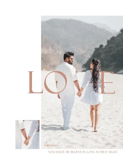 An artistic album layout with a "LOVE" text overlay, combining a walking shot with a close-up of the couple holding hands.
