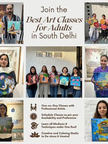 My art classes for adults are a great way to unwind, learn a new skill, and connect with other creative people. This collage shows the happy faces and beautiful artwork from one of our recent adult workshops.