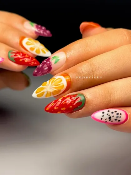 Who wants a fruit salad? I had so much fun with this detailed, hand-painted 3D fruit art on sharp almond-shaped extensions. Each nail is a different fruit, from juicy strawberries and oranges to dragon fruit and grapes.