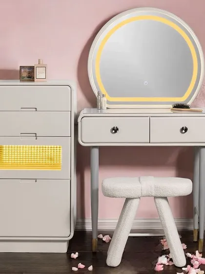A beautifully styled shot of the Mystic Meridian vanity set, showing how it can create a chic and functional beauty corner in your home. The soft lighting and elegant design make getting ready a pleasure.