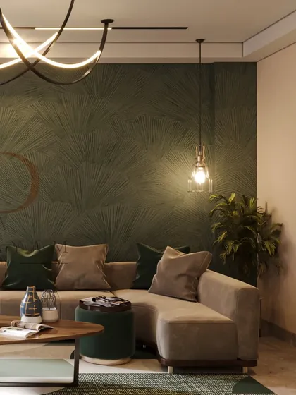A close-up of the corner of the living room, showing the rich texture of the green wallpaper and the soft glow of the pendant light.