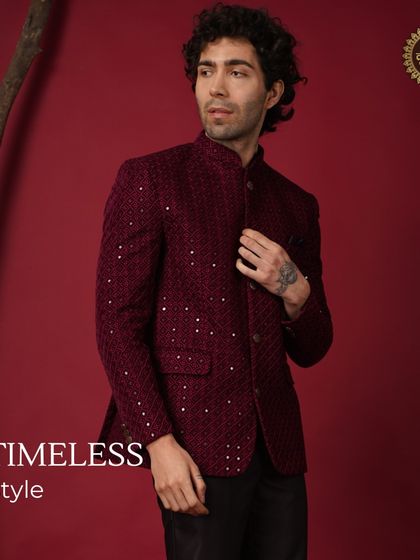 Timeless style. A rich maroon sequined Bandhgala jacket that offers a bold and luxurious option for any celebration.