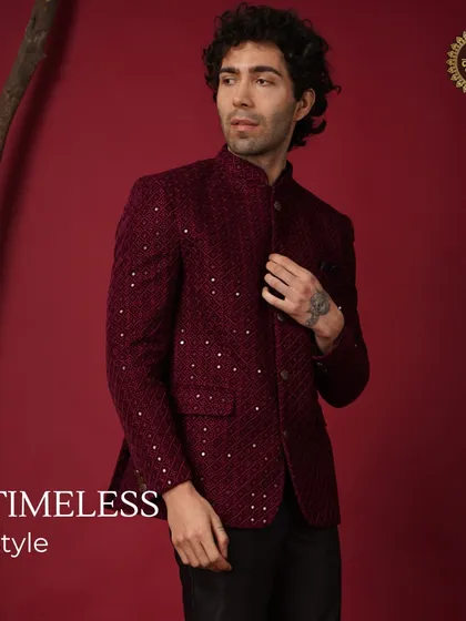 Timeless style. A rich maroon sequined Bandhgala jacket that offers a bold and luxurious option for any celebration.