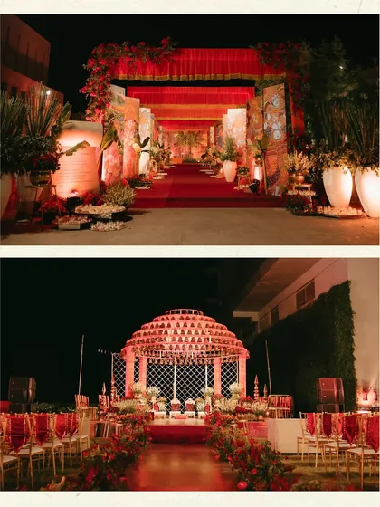 The grand entrance aisle for the bell mandap wedding, lined with red carpet, lush florals, and hand-painted panels, creating a majestic pathway for the ceremony.