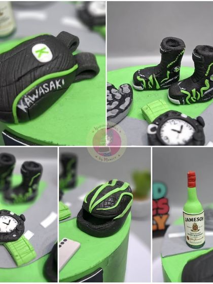 A collage of the specific, detailed elements on a Kawasaki biker-themed cake, including a helmet, boots, and a miniature Jameson bottle.