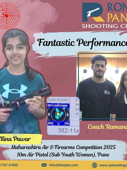 A fantastic performance by our shooter Ilina Pawar, who scored an impressive 382-11x in the 10m Air Pistol event at the Maharashtra Air & Firearms Competition. This showcases the consistency and champion spirit we instill under the guidance of our coaches.