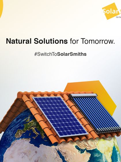I provide natural solutions for tomorrow. My solar and solar thermal systems are placed on the globe, symbolizing a worldwide commitment to green energy.