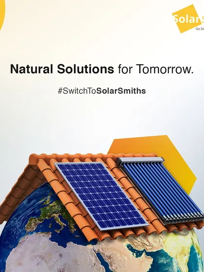 I provide natural solutions for tomorrow. My solar and solar thermal systems are placed on the globe, symbolizing a worldwide commitment to green energy.