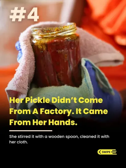 Our pickles don't come from a factory line. They come from the hands of women who stir with wooden spoons and clean jars with their own cloth. This personal touch, this handmade process, is what gives our achar its unique, comforting taste.