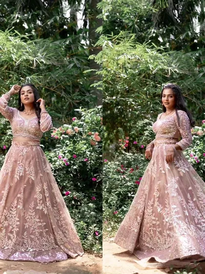 A collage showing a model in a beautiful pink lehenga, showcasing a signature celebrity-inspired look.