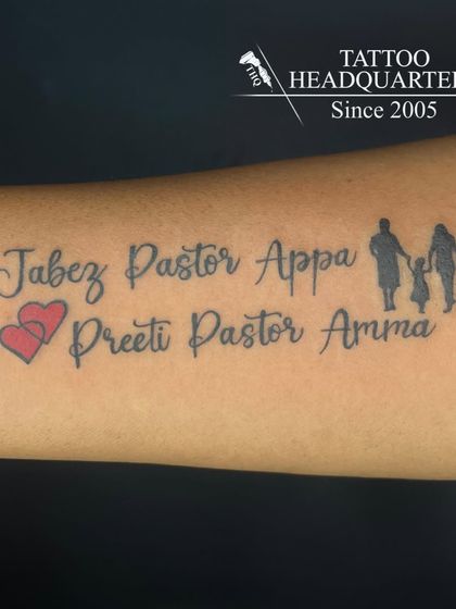 A family tribute tattoo with the names "Jabez Pastor Appa" and "Preeti Pastor Amma," complete with hearts and a family silhouette.