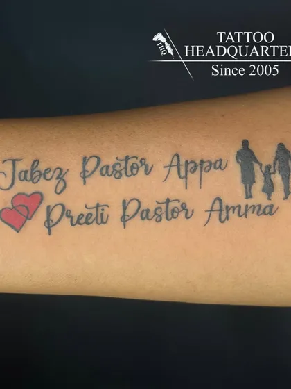 A family tribute tattoo with the names "Jabez Pastor Appa" and "Preeti Pastor Amma," complete with hearts and a family silhouette.