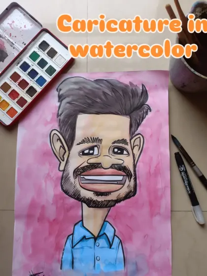 A caricature created with watercolors, showing the tools of the trade. This medium gives the artwork a soft, classic, and artistic feel.