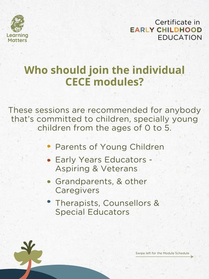 Our CECE modules are recommended for anyone committed to young children, including parents, aspiring and veteran educators, grandparents, and other caregivers. Therapists, counselors, and special educators will also find these sessions valuable for their practice.