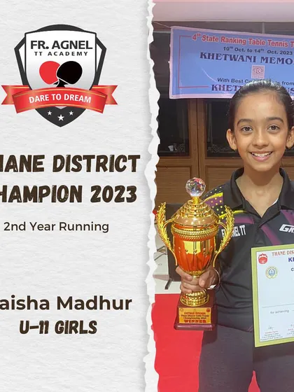 Celebrating Saisha Madhur's second consecutive District Championship title in the U-11 Girls category, a fantastic achievement showing her composure and skill under pressure.