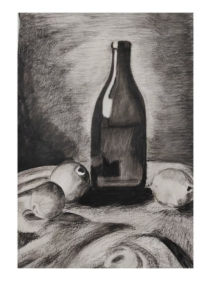 A classic still life study done in charcoal. In our classes, students learn how to observe light and shadow to create depth and realism in their drawings of everyday objects.