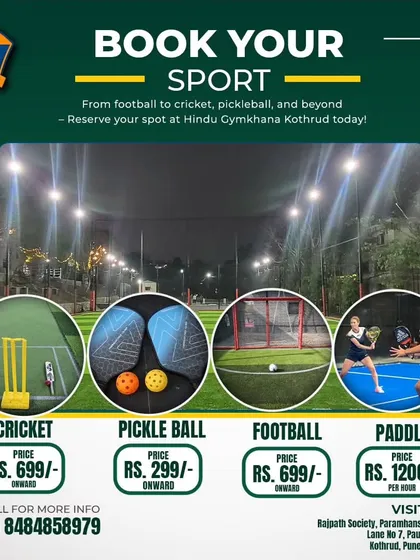 Reserve your spot at Hindu Gymkhana, Kothrud, and dive into the action. We offer facilities for cricket, pickleball, football, and paddle tennis.