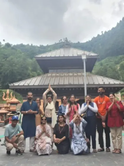 The entire group in a posture of 'namaskar' before the Doleshwar Mahadev Temple. It is said a pilgrimage to Kedarnath is incomplete without visiting this sacred site.