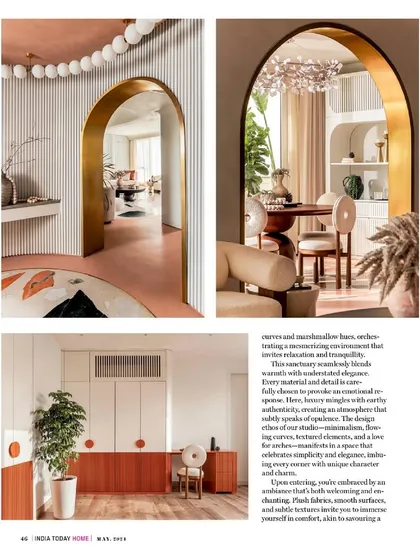 This spread from India Today HOME highlights the home's mesmerizing environment of curves and marshmallow hues, designed to invite relaxation and tranquility.