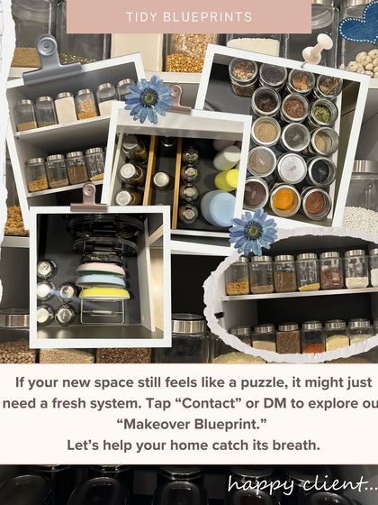 This collage highlights the details of a kitchen makeover. If your new space feels like a puzzle, it might just need a fresh system. We use tools like spice racks and drawer organizers to help your home catch its breath.