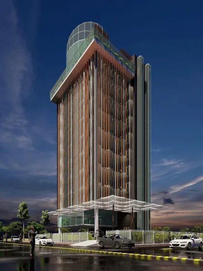 A conceptual design for a commercial office tower on the expressway, crowned with a revolving restaurant. The facade is defined by a series of vertical louvers that add visual depth and provide environmental control, showcasing our vision for innovative and iconic high-rise architecture.