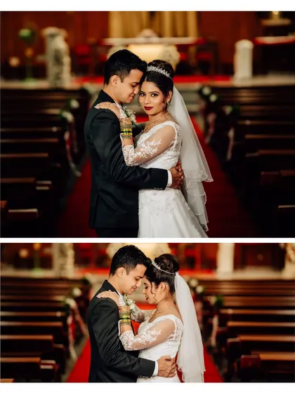 A diptych of the couple inside a beautiful church. These portraits capture both a direct look and an intimate moment against the backdrop of the altar.