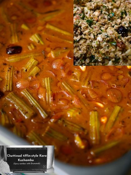 A close-up of the Chettinad tiffin-style Kara Kuzhambu, a spicy sambar that was a highlight of our Diwali menu.