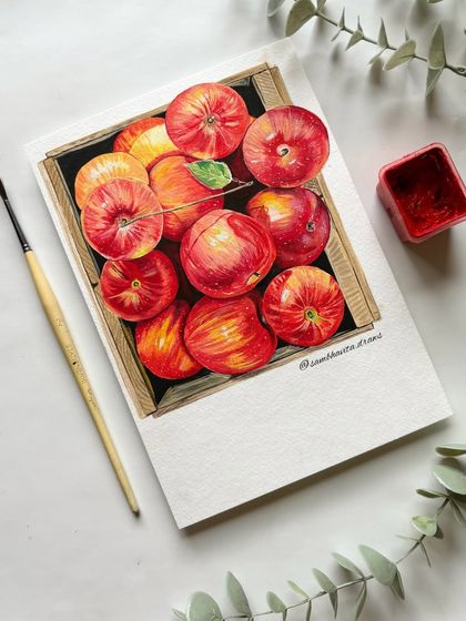 Another shot of the apple painting, this time with my brush to show the scale.