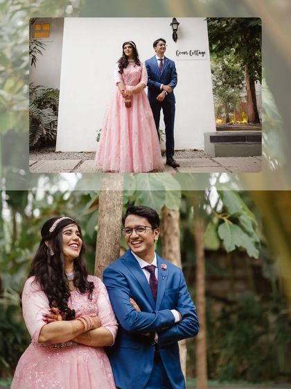 A collage of a couple's photoshoot at our Backyard venue. It shows different poses, from a formal stance by the cottage to a more playful, candid moment.