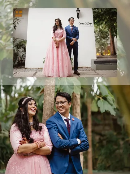 A collage of a couple's photoshoot at our Backyard venue. It shows different poses, from a formal stance by the cottage to a more playful, candid moment.