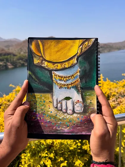 A painting of Krishna's feet, created outdoors with a beautiful lake view as my backdrop. I used soft pastels and acrylics for this piece.