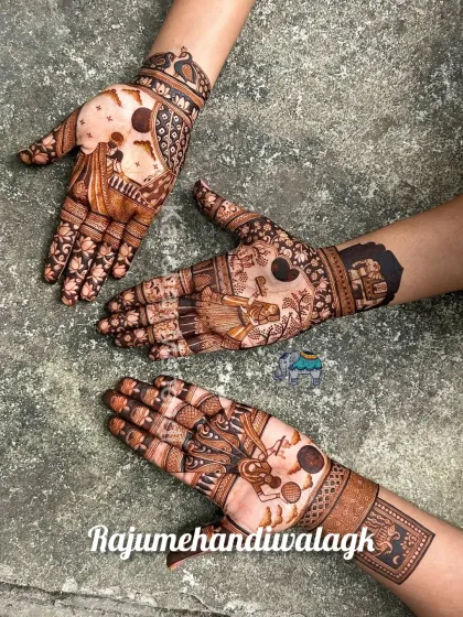 We love telling stories through our mehandi. Here are three different designs for Karwachauth, each showing a unique scene like the classic 'channi' ritual, telling a different story on each hand.
