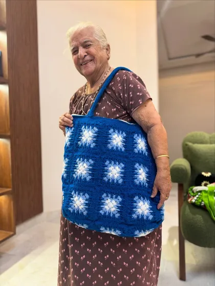 A closer look at the details of our blue and white granny square tote. The craftsmanship in each square is just beautiful.