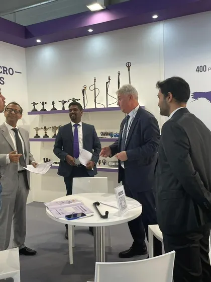 Our team members in discussion with international clients at the EIMA expo. We pride ourselves on building strong personal connections with our global customer base.