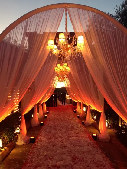 A romantic walkway with a petal-strewn floor and a canopy of sheer drapes and chandeliers, glowing with warm light.