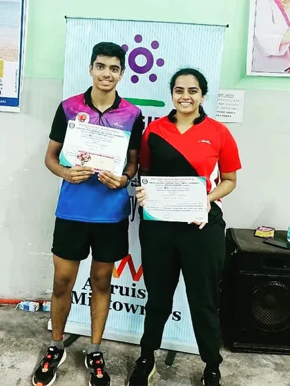 Aakash K J and Kushi V with their certificates after their excellent performances at the Mysore State Ranking Tournament.