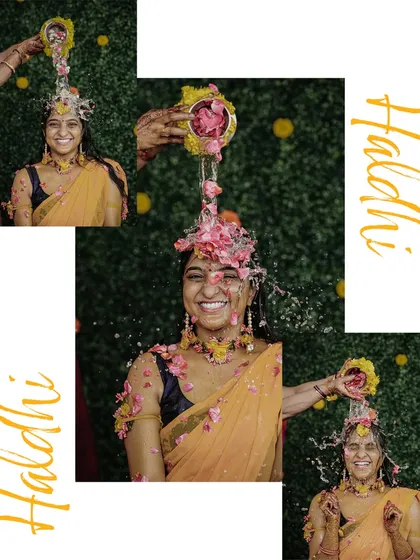 The Haldi ceremony is all about vibrant color and unrestrained fun. This collage shows the progression of joy, from the first splash of floral water to the final, happy laugh. It’s pure energy.
