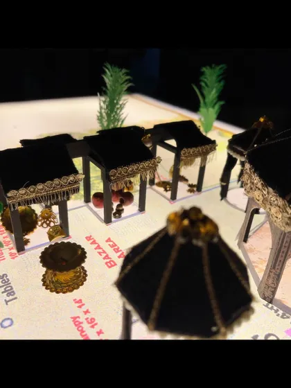A detail from the model showing the 'Bazaar Area' with miniature stalls. Every element of the event is planned and crafted, right down to the smallest market stall.