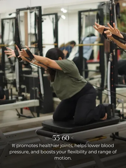 For clients aged 55-60 and beyond, Pilates promotes healthier joints, helps lower blood pressure, and boosts flexibility and range of motion, keeping you active and mobile.