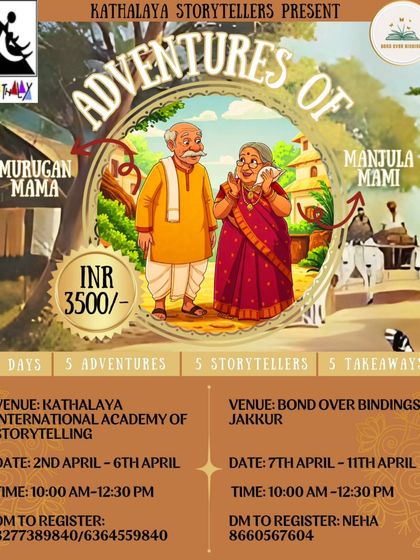 Join us for a storytelling adventure with Murugan Mama and Manjula Mami! This summer week, held at two special venues in Bangalore, is filled with folktales and fun.