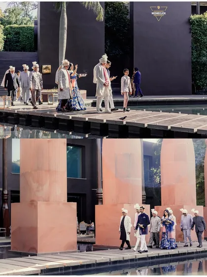 A collage showing the groom's party walking across a bridge over water, a unique and scenic Baraat procession.