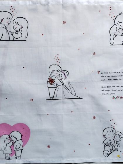 This story handkerchief captures some of the most romantic moments in a relationship, from a wedding day embrace to a sweet kiss, all in a minimalist line art style.