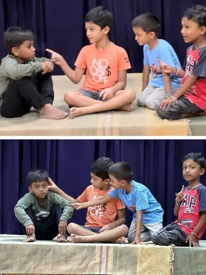 Young participants are seen here deeply engaged in a theatre workshop scene. Through storytelling and drama, we help children explore emotions, develop empathy, and learn to communicate effectively, transforming ancient wisdom into relatable experiences.