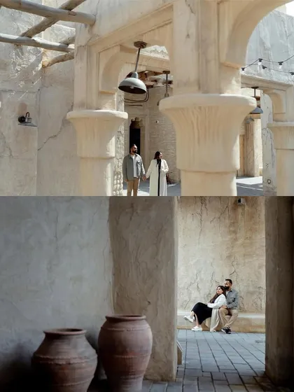 A diptych showing the couple exploring the old-world charm of Dubai. The earthy tones and historic architecture provide a unique and atmospheric backdrop for a pre-wedding shoot.
