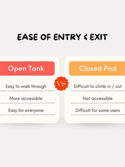 Ease of Entry and Exit: Our open tanks are designed to be easily walked into, making them more accessible for everyone, unlike pods that can be difficult to climb in and out of.