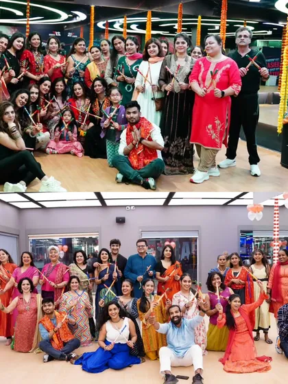 Two fantastic groups from my Dandiya nights at different gym locations. This collage shows the wonderful community and festive spirit we build together during Navratri celebrations.